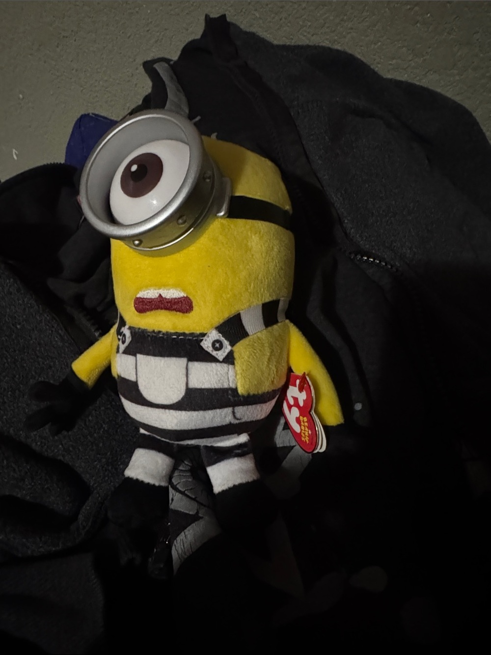 Ty Yellow Minion Plush in Black & White Striped Outfit